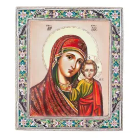 Набор подарочный с шарами и иконой "Казанская Богоматерь в красном" из серебра, 6 шаров